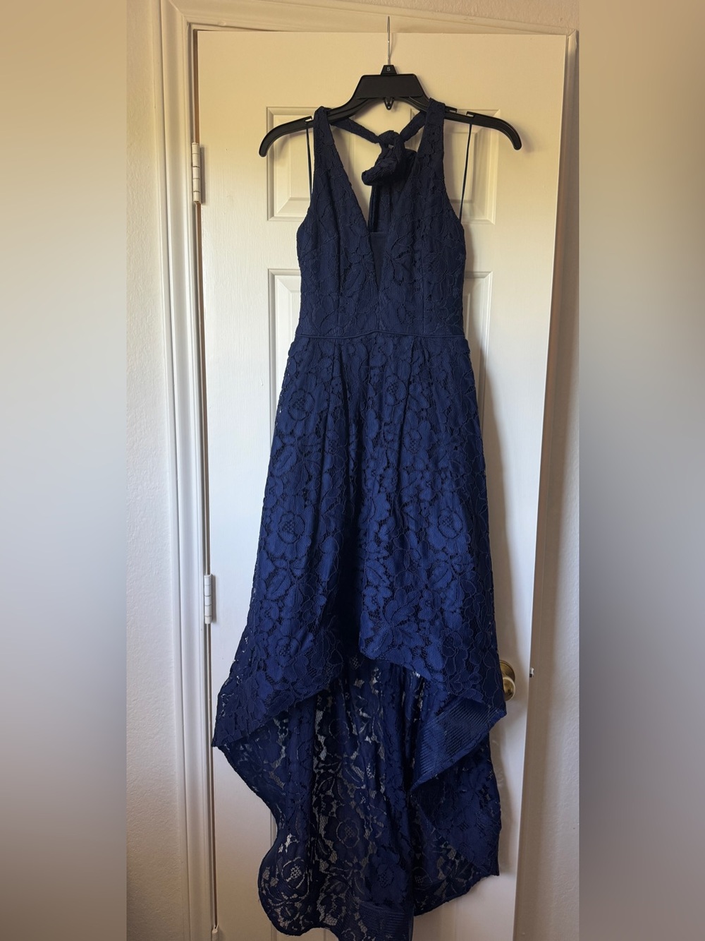 Sleeveless Navy Lace High-Low Maxi Dress with Tie Back